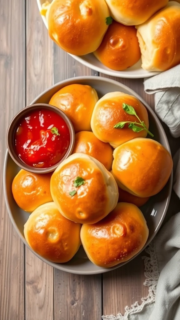 Keto Cheesy Sandwich Bread Rolls Recipe Golden brown keto cheesy sandwich bread rolls on a plate with melted cheese, garnished with herbs and a bowl of marinara sauce.